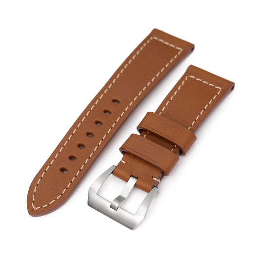 Pam Collection, Brown French Crafted Barenia Leather Watch Strap for Panerai, Beige Stitching