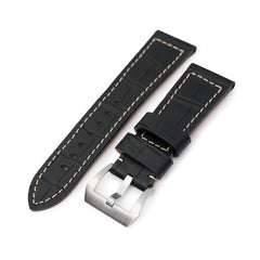 Pam Collection, Black Croco Grain Italian Leather Watch Strap for Panerai, Beige Stitching