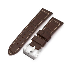 Pam Collection, Dark Brown Croco Grain Italian Leather Watch Strap for Panerai, Beige Stitching