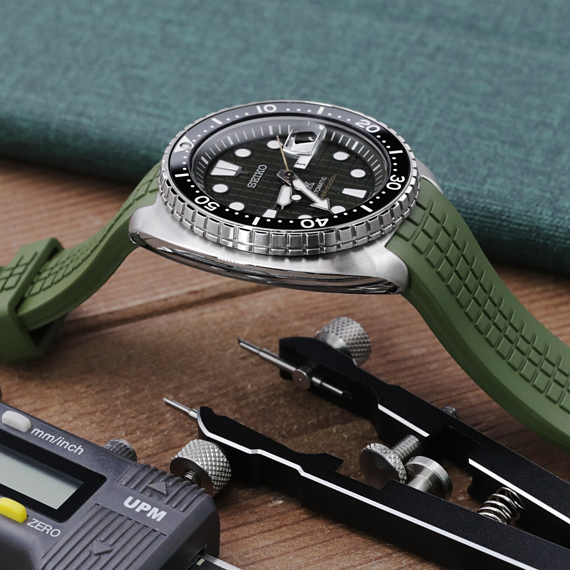 CB12 Military Green Curved End Rubber Strap compatible with Seiko new Turtles SRP777