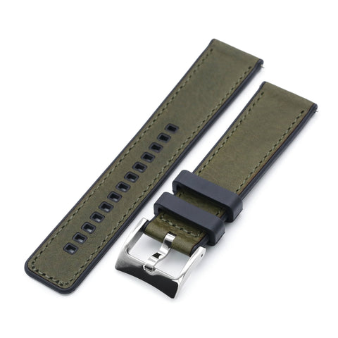 Green Quick Release Hybrid Leather FKM Rubber Watch Strap, 20mm or 22mm