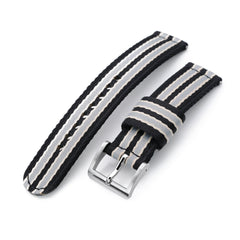 2-pcs Seatbelt Nylon Watch Band, Black, Grey and Khaki Stripes, Polished Buckle