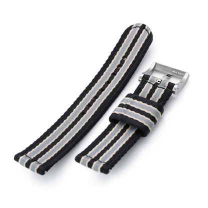 2-pcs Seatbelt Nylon Watch Band, Black, Grey and Khaki Stripes, Polished Buckle