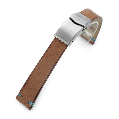 Q.R. 20mm Italian Handmade Brown Horse Leather Watch Band, One-piece V-clasp, Blue St.