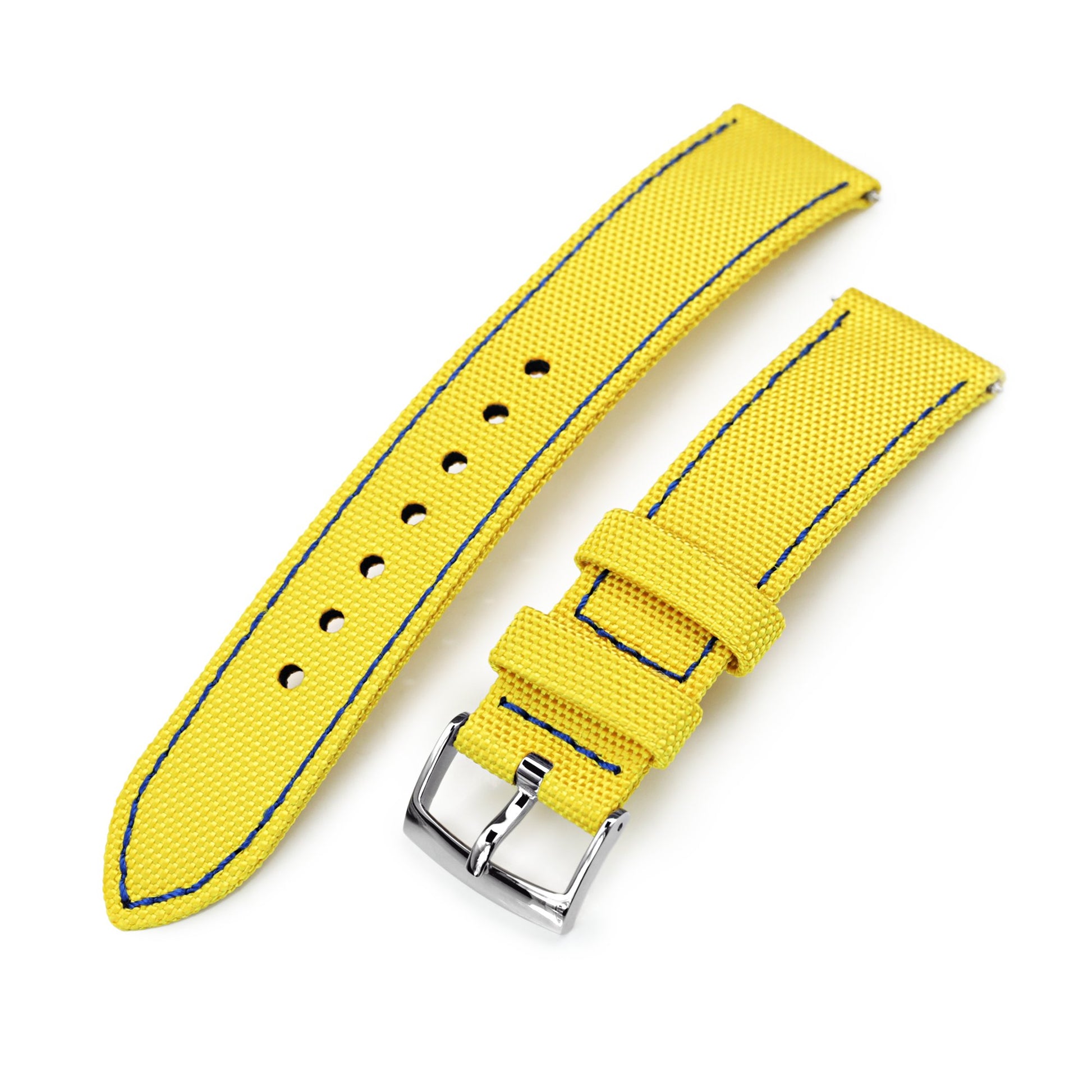 20mm Sailcloth Strap Yellow Quick Release Nylon Watch Band, Blue Stitching 