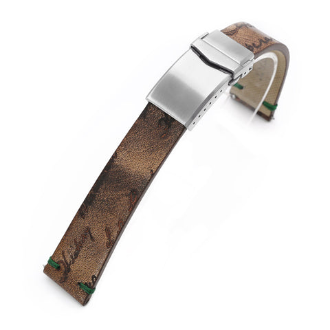 Q.R. 20mm Italian Handmade Vintage Brown Laser Engraved Leather Watch Band, One-piece V-clasp, Green St.