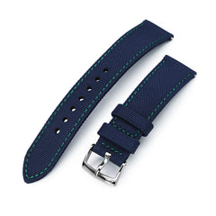 20mm Sailcloth Strap Navy Blue Quick Release Nylon Watch Band, Green Stitching 