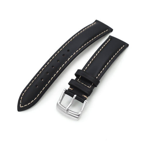 20mm Black Smooth Leather Tapered Strap, Brushed