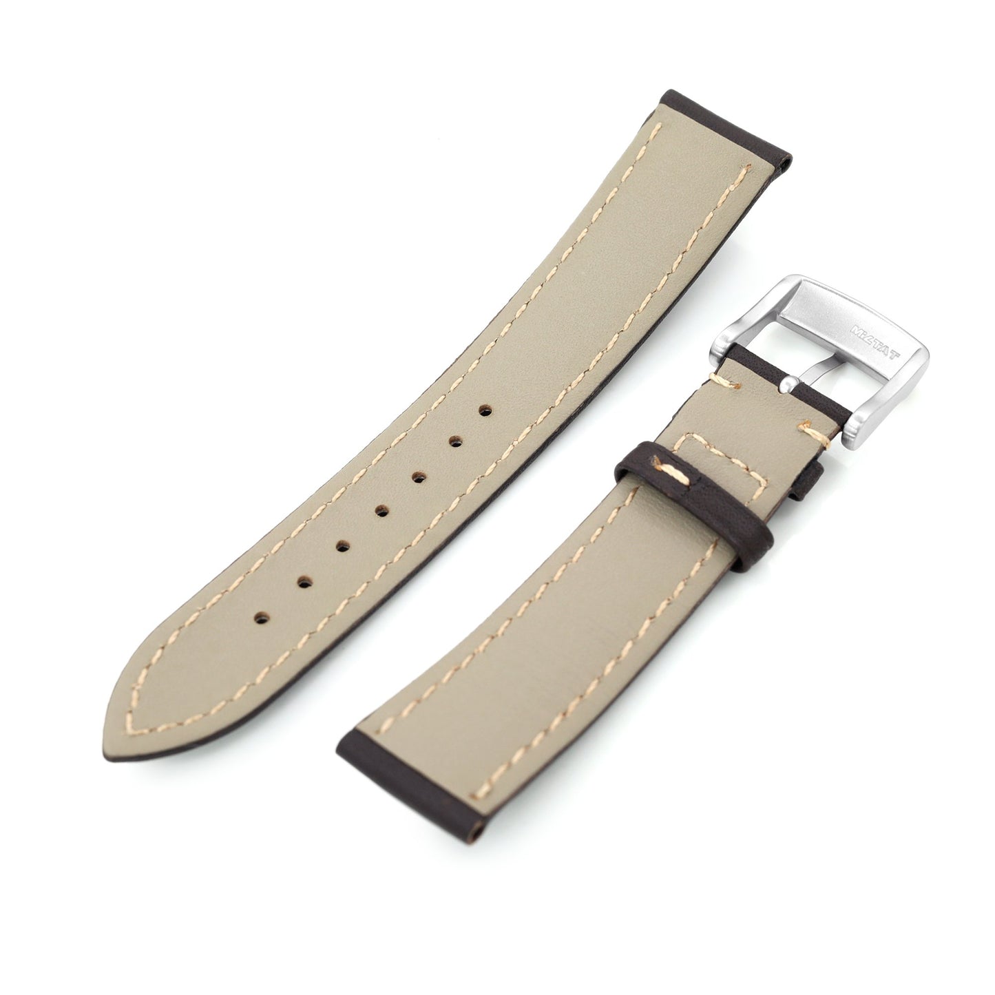 20mm Dark Brown Tapered Semi-matte Leather Watch Band, Brushed Buckle