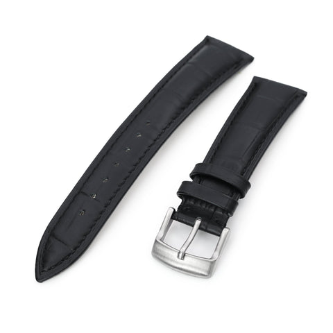 22mm Black CrocoCalf (Croco Grain) Tapered  Leather Watch Band, Brushed Buckle