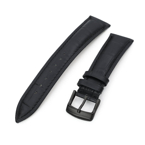 22mm Black CrocoCalf (Croco Grain) Tapered  Leather Watch Band, PVD Black Buckle