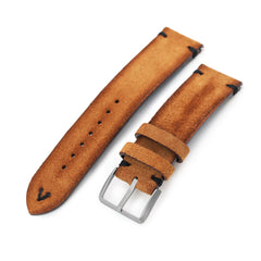 Camel Brown 19mm, 20mm, 21mm, 22mm MiLTAT Quick Release Nubuck Leather Watch Strap, Black Stitching, Sandblasted