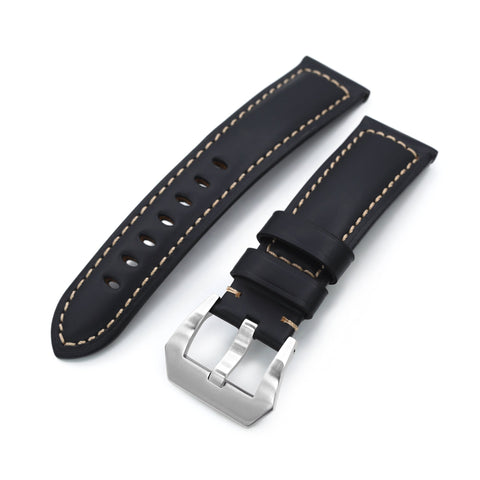 22mm or 24mm Black Smooth Leather Tapered Strap, Brushed