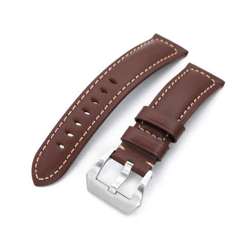 22mm or 24mm Pecan Brown Smooth Leather Tapered Strap, Brushed