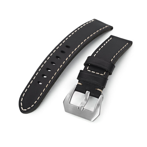 22mm Black Straight Leather Watch Band, Brushed Buckle