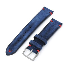 Navy Blue 19mm, 20mm, 21mm, 22mm MiLTAT Quick Release Nubuck Leather Watch Strap, Red Stitching, Sandblasted