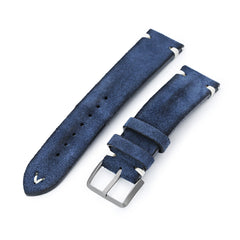 Navy Blue 19mm, 20mm, 21mm, 22mm MiLTAT Quick Release Nubuck Leather Watch Strap, Beige Stitching, Sandblasted