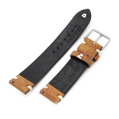 Camel Brown 19mm, 20mm, 21mm, 22mm MiLTAT Quick Release Nubuck Leather Watch Strap, Beige Stitching, Sandblasted