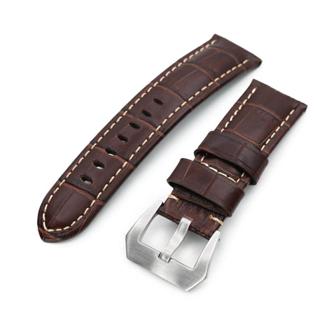 24mm Pecan Brown CrocoCalf (Croco Grain) Leather Watch Band, Brushed Buckle