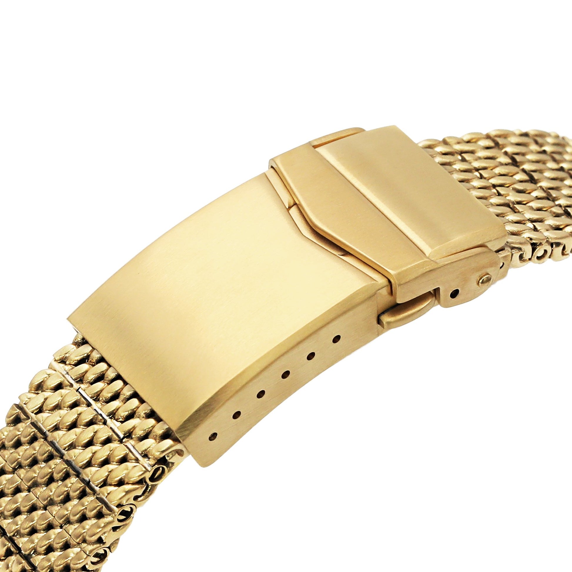 Curved End Massy Mesh Watch Band for Seiko Gold Turtle SRPD46, V-Clasp, Full IP Gold 