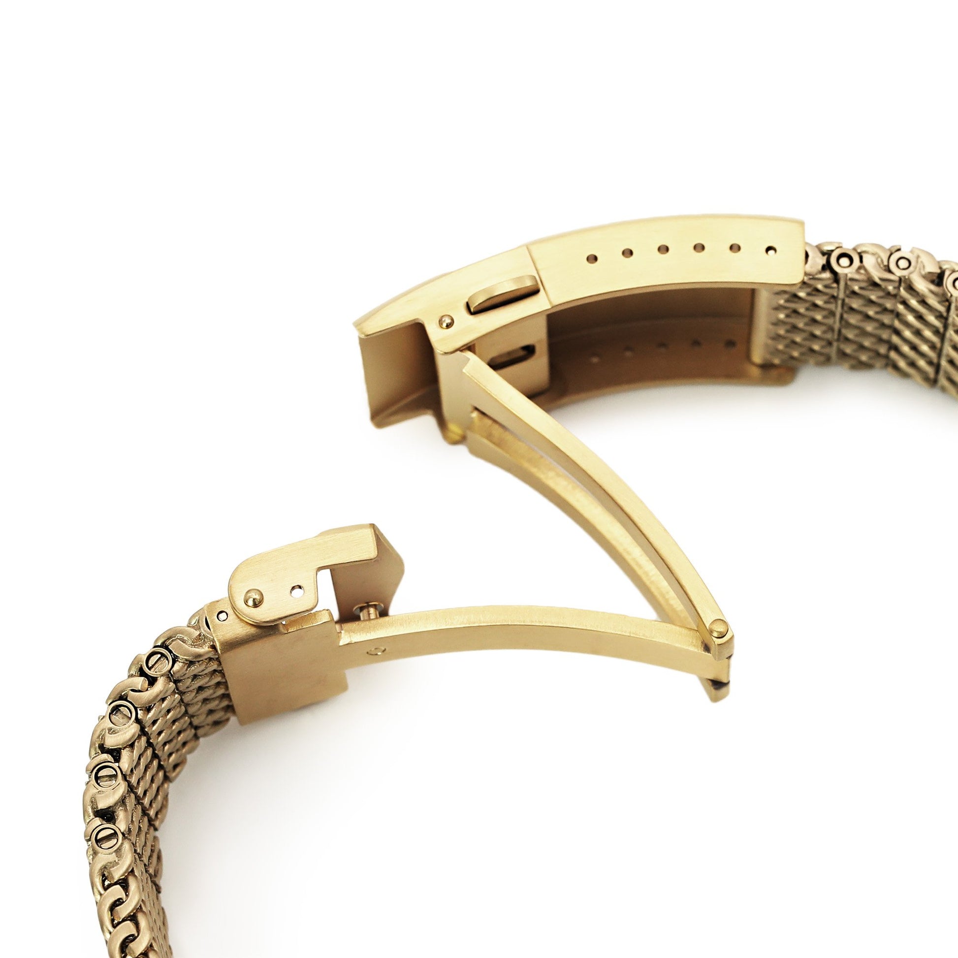 Curved End Massy Mesh Watch Band for Seiko Gold Turtle SRPD46, V-Clasp, Full IP Gold 