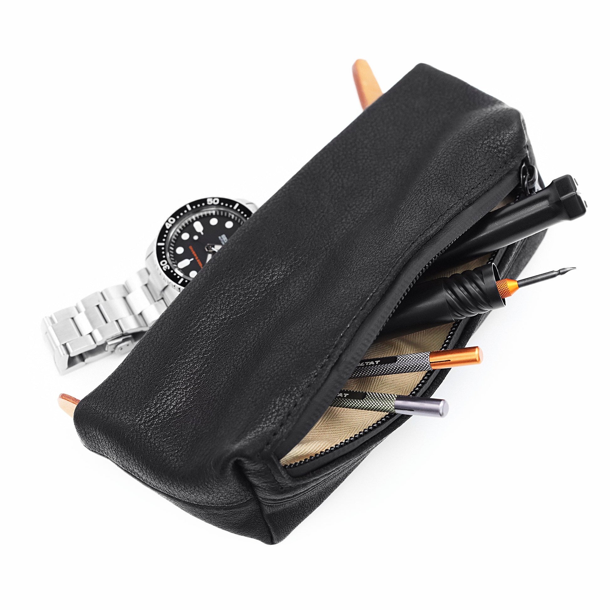 Travel Leather Zipper Watch Pouch, Two pockets storage for watch band and tools 